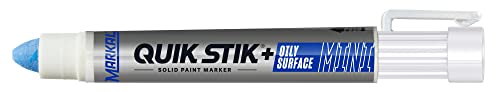 Markal 28774 Quik Stik+ Mini Marcador de superfície oleosa, cor azul, marca em superfícies oleosas e úmidas, seca em menos de um minuto. O mini tamanho de barril durável utiliza uma tampa de clipe de linha aérea fácil de aderência