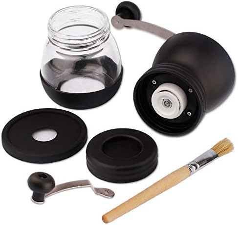 Moedor de café manual com rebarbas de cerâmica, moinho de café com dois frascos de vidro, escova e colher de sopa