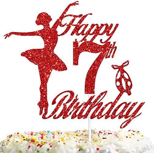Topper de bolo de bailarina para meninas 7º aniversário de festa de balé de menina de bolo de bolo de idade, alegria para 7 anos de idade de feliz aniversário, suprimentos de decoração de decoração vermelha glitter elegante bolo de dançarino