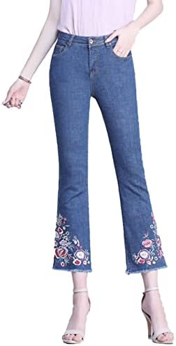 Maiyifu-gj feminino floral bordado skinny flare jeans jeans alta cintura sino calça jeans de jeans lavados destruídos bainha crua jeans