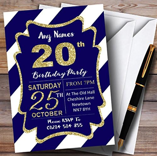 O card zoo azul listras diagonais de ouro 20º convites de festa de aniversário personalizados