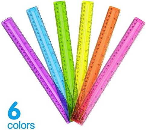 6 Pacote de réguas transparentes de cor, réguas de plástico, réguas métricas a granel com polegadas e centímetros,