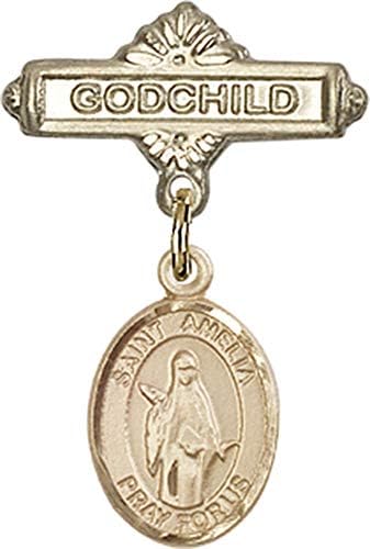 Rosgo para bebês de obsessão por jóias com o charme de St. Amelia e o pino de emblemas de Deus | Rosga de bebê de ouro 14k com o charme de St. Amelia e o Pin de distintivo de Deus - feito nos EUA