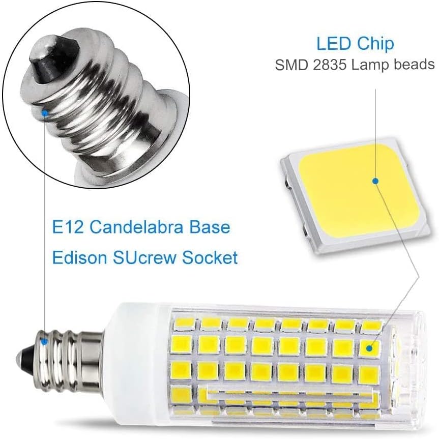 E12 LED BULBO DIMMÁVEL 8W Equivalente à lâmpada de halogênio E12 60W, Luz do dia White 6000k T6 Base C7 Bulbos de candelabros para ventilador de teto, lustre, substituição de bulbrito KX-2000, 2 pacote