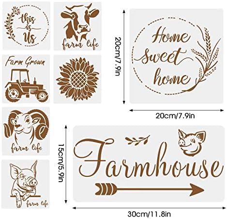 Prasacco 8 PCs Farmhouse Stencils, estênceis da fazenda para pintar em madeira, girassol/caminhão/porco/vaca/ovelha em estênceis vintage, estênceis reutilizáveis ​​para artesanato de parede
