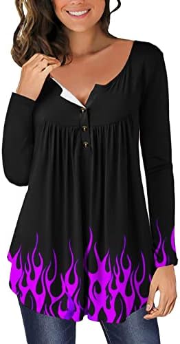 Top de túnica da chama da moda feminina para leggings com manga comprida de manga longa botão de camiseta henley camiseta