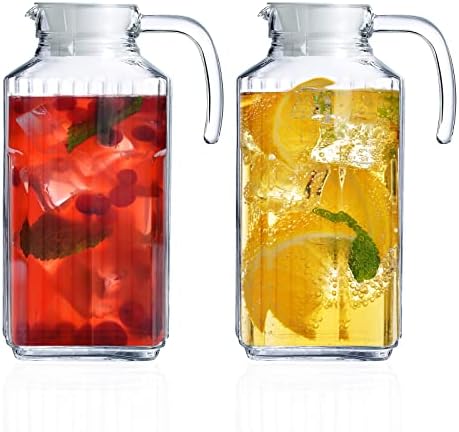 Jarro de vidro com tampa - conjunto de 2 arremessador de água de vidro 55 onças - jarra de bebida fria transparente para água, limonada, chá gelado, café - elegante e moderno - jarros de bico prático para bebidas