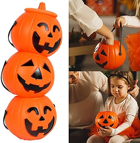 GREST_SOURCE 3 PCS Halloween Pumpkin Candy Bucket com tampa, balde de doces de abóbora de plástico Jack o lanterna cesta de abóbora portátil infantil truque ou tratamento balde para decoração de halloween, festas favoritas