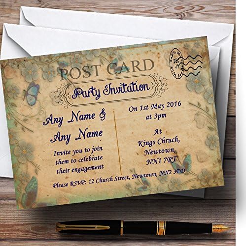 O card zoo azul floral floral vintage shabby chic cartão postal de noivado personalizado Party Invita.