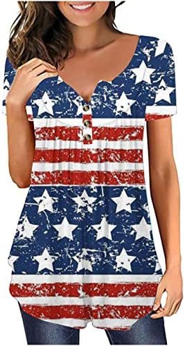 4 de julho Tops for Women 2023, bandeira dos EUA Tee impressa Holida Casual Henley Camisa Plated Button Down
