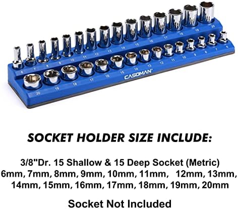 Casoman Organizador de soquete magnético de 3/8 de polegada, mantém 30 soquetes métricos, cor azul, porta-soquete