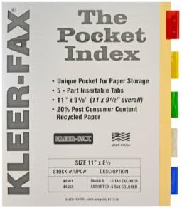 Índices de bolso inseríveis de kleer-fax, 5 guias-cores variadas, papel manila, 11 x 9-1/8 polegadas,