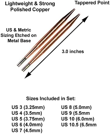 Lykke Cypra 3,5 polegadas intercambiáveis ​​Conjunto de agulhas circulares Tamanhos americanos de cobre polido 3, 4, 5, 6, 7, 8, 9, 10 e 10,5, case de camurça vegana marro