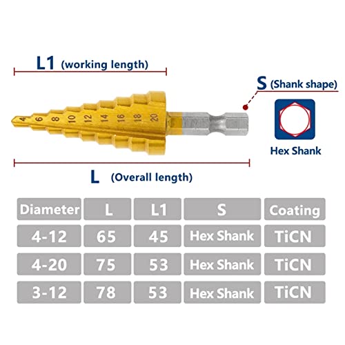 Etapa de broca de etapa 3-12 4-12/20 Bit de perfuração de revestimento para fura de metal de madeira cortando hastidura de cone shank 1set 1set
