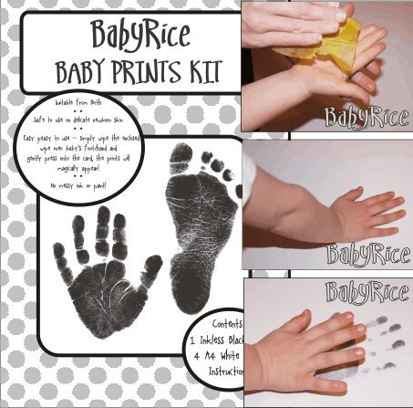 Babyrice Baby Hand & Pegada Kit escovado quadro de estanho / montagem branca de 3 orifícios / impressões pretas