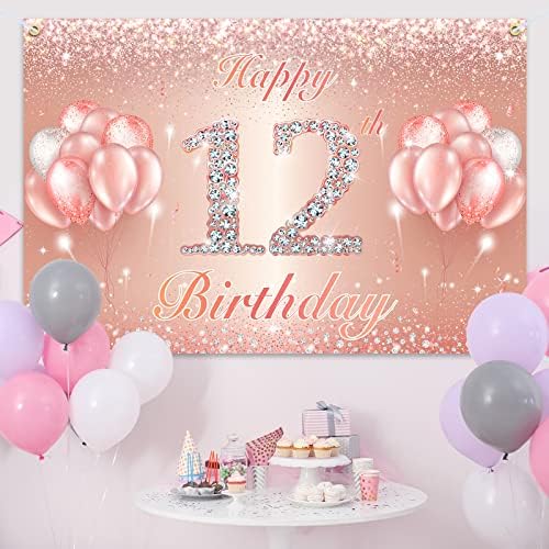 Feliz Banner de 12º aniversário de 12º Banner Caso -cenário - 12 de festas de aniversário suprimentos para meninas ou meninos - Rose Gold 4 x 8ft