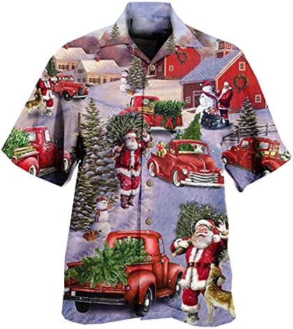 Camisa havaiana de Natal masculino Button Casual Down Down Down Shortsleeve Unissex X-Mas Christmas Santa Print