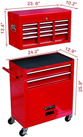 Dithoko 8 dra leques para ferramentas de rolamento armário de tórax, gabinete de armazenamento de caixa de ferramentas de alta capacidade com sistema de travamento, organizador de caixa de ferramentas removível com gavetas deslizantes e 4 rodas para armazém de garagem, vermelho