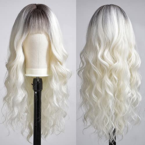 Wigs loiros de platina ombre ombre para mulheres, peruca branca longa ondulada com franja, peruca sintética encaracolada para o cosplay de festas diariamente use 24in