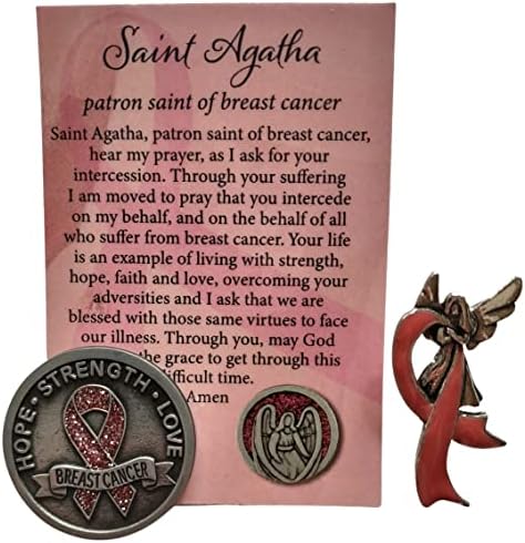 Token de oração do câncer de mama com cartão de oração de Patron Saint Agatha e pino de lapela de fita rosa com anjo com design de asas | Conjunto de presentes inspirado de 2 itens