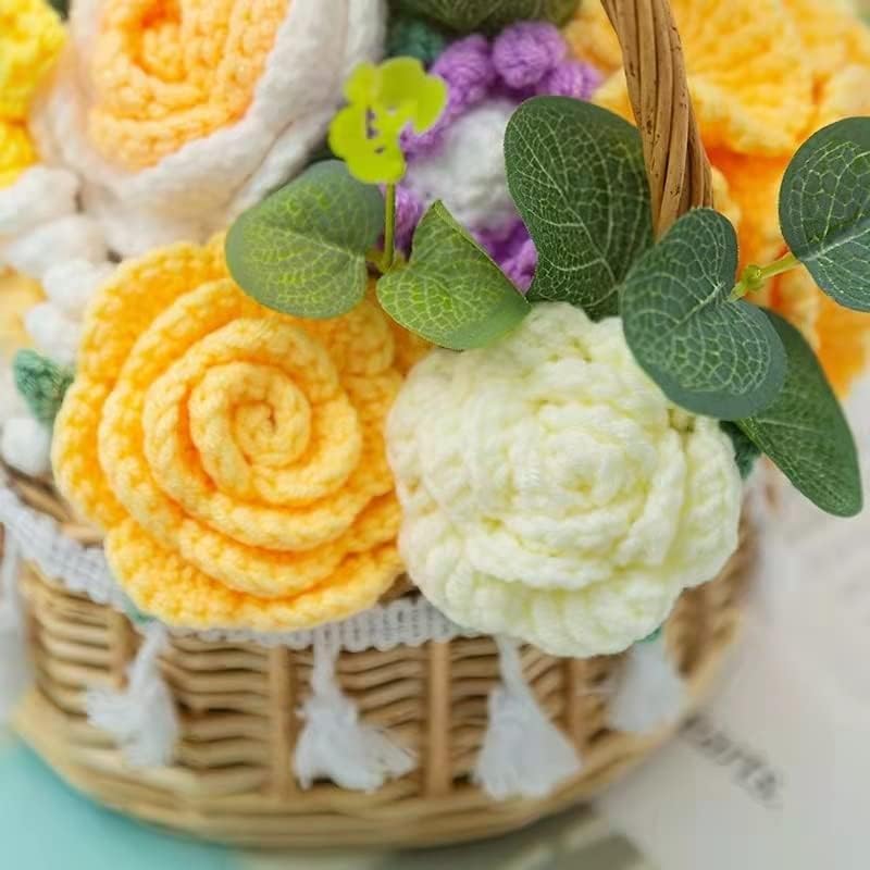 Uxzdx cujux fio crochê cesta amarela cesto malhado flores artificial flores diy buquê presente decoração de casa