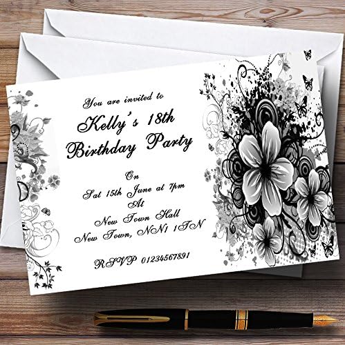 O card zoo Black White Flowers Butterfly Personalized Party convites