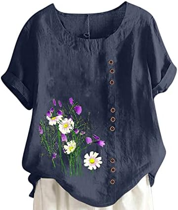 Blusa das meninas Manga curta Linha de linho Cotton Crewneck Daisy Poppy Floral Graphic Plus Size Brunch Top Camisa para feminino WM