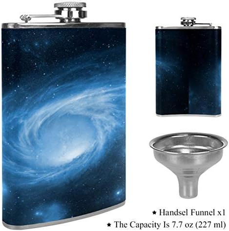 Balão de quadril para bebidas inoxidáveis ​​à prova de vazamento de aço inoxidável com funil 7,7 oz de couro, ótima ideia de presente de frasco - espacial tempestade galáxia azul