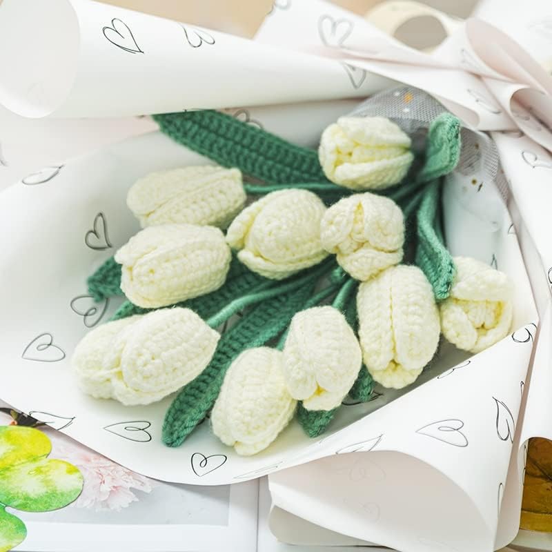 Walnuta terminou 9pcs tricotado à mão Buquê de flores artificiais brancas de crochê para decoração de decoração