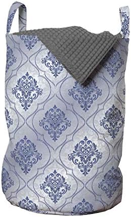 Bolsa de lavanderia oriental antiga de Ambesonne, Moderno Padrão Rítmico de Damasco Floral interpretado, cesta de cesto com alças Fechamento de cordão para lavanderia, 13 x 19, Purpleblue teto azul