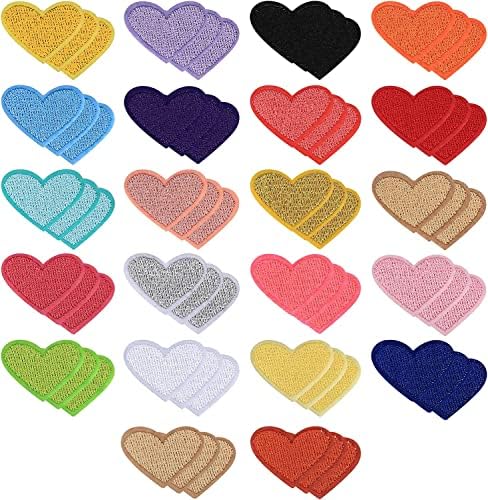 66 peças Ferro em forma de coração em remendos, ferro bordado colorido em costura em remendos de coração