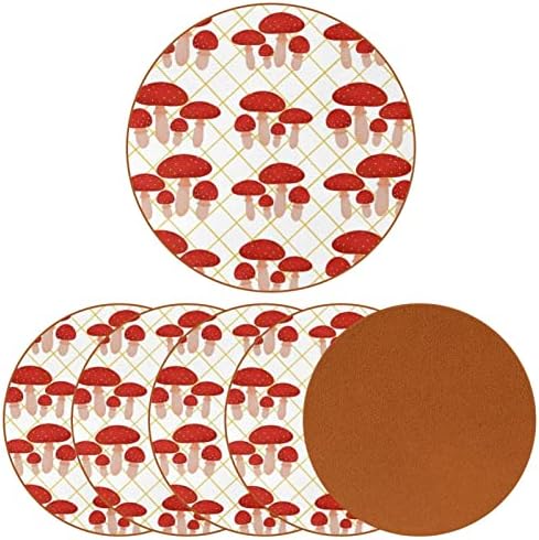 Coasters de padrões de cogumelos vermelhos para bebidas, tapete de proteção de mesa de 6 peças para