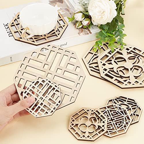Superfindings 8pcs 4 estilos Coasters de corte a laser octógono de madeira esculpida tapetes de copos