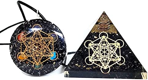 Sawcart Metatron Grid Black Tourmaline Orgone Pyramid & Metatron's Cube Merkaba com 7 Chakra Crystals