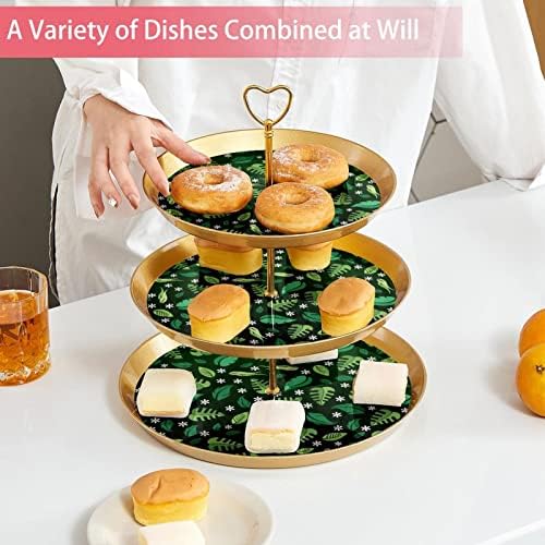 3 Placa de fruta de cupcakes de 3 camadas de sobremesa Plástico para servir suporte de exibição para casamento de aniversário Decorações de chá de chá de chá de bebê redondo, padrão de folhas verdes escuras padrão