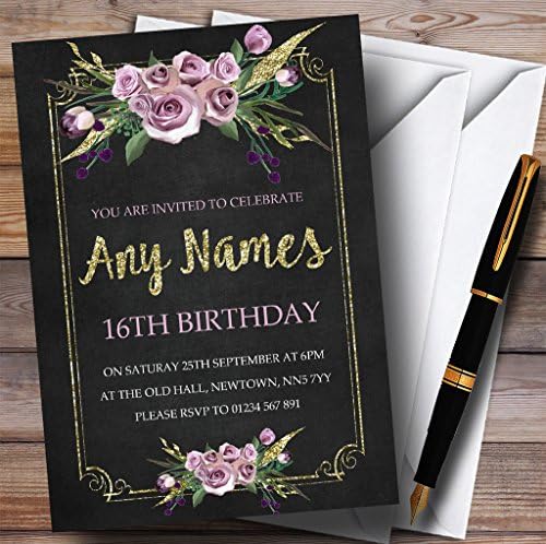 Efeito de giz Pink Gold Floral 16º convites de festa de aniversário personalizados