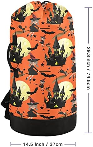 Halloween house witch saco de lavanderia pesada mochila de lavanderia com alças de ombro manípulos