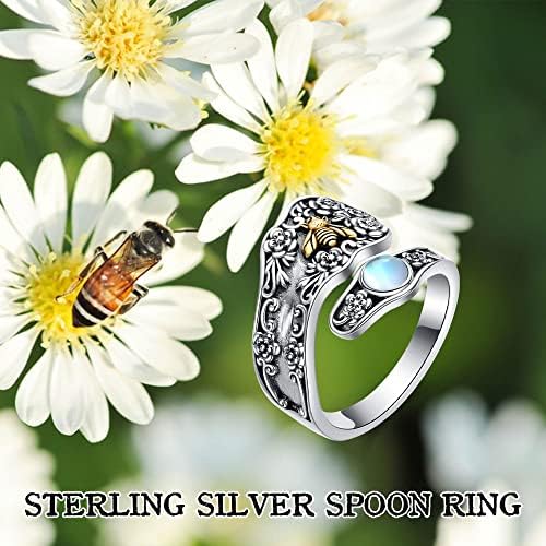 Hukkun Spoon Ring Sterling Silver Silver Rings Gold Bee Rings para mulheres Anel de turquesa ajustável