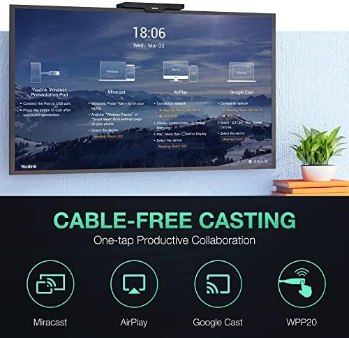 Yealink Roomcast 4K Ultra HD Multi-compartilhamento com vagem de apresentação sem fio, Miracast, AirPlay