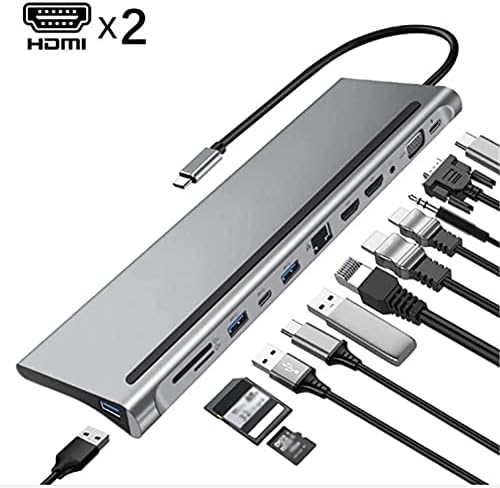 SJYDQ 12 em 1 USB C Laptop Docking Station Type-C para HDMI duplo compatível com HDMI/VGA/USB 3.0 Hub/PD/RJ/micro-SD/TF
