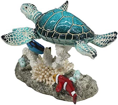 Tartaruga marinha de polirresina confortável e dois peixes em estatueta de coral para decoração em casa, coleção multicolorida, Ocean Voyage