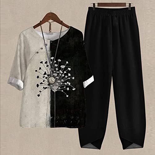 Conjuntos de linho de algodão para mulheres 2 peças de verão de manga curta e calças soltas Fit Camouflage Print