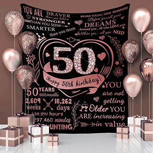 50º aniversário Presentes para mulheres com caixa de presente, presentes para mulheres completando 50 idéias de presentes de aniversário de 50º aniversário para ela, decorações de aniversário de 50 anos lançam cobertor 60 x50
