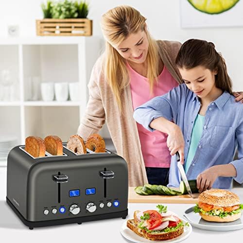 Seedem Toaster 4 Fatia, torradeira de pão com tela LCD, torradeira inoxidável de 6 câmaras, slots
