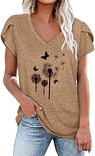 Tops de manga de pétala de verão para feminino gráfico fofo v dishirts camisetas curtas camisetas de túnica