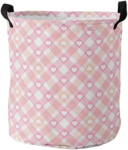 Valentine Pink Love Heart Buffalo Cesto de lavanderia xadrez, cesto de roupa à prova d'água para roupas de bebê, linha de lavanderia dobrável com linha de bebê branca com alças, 13.8'x17 ''
