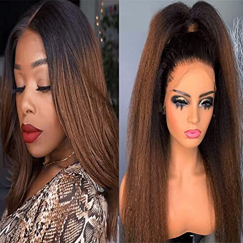 Jinximeihe ombre kinky pêlo humano reto cor marrom cor 13x4 yaki peruca de cabelo humano reto para mulheres yaki reto cilindro brasileiro