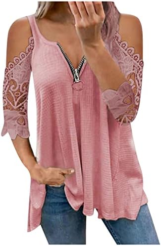 Camiseta de ombro frio de tamanho grande para mulheres zip v pescoço camisa elegante renda hollow