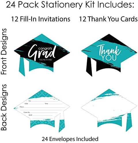 Big Dot Of Happiness Teal Grad - O melhor ainda está por vir - 12 convites em forma de preenchimento e 12 Kit de cartões de agradecimento em forma - Kit de papelaria de festa de graduação turquesa - 24 pacote virtual de pacote