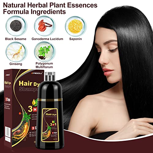 MEIDU Hair Dye Shampoo 3 em 1 para cabelos grisalhos, tinta fáceis de cabelo preto, shampoo de tinta instantânea